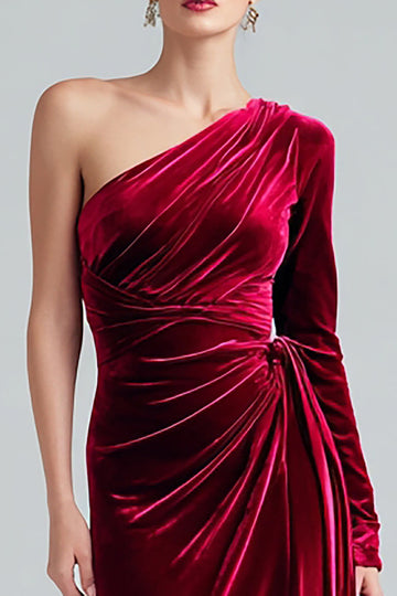 Burgundy Mermaid One Shoulder Velvet Ruched Long Formal Dress